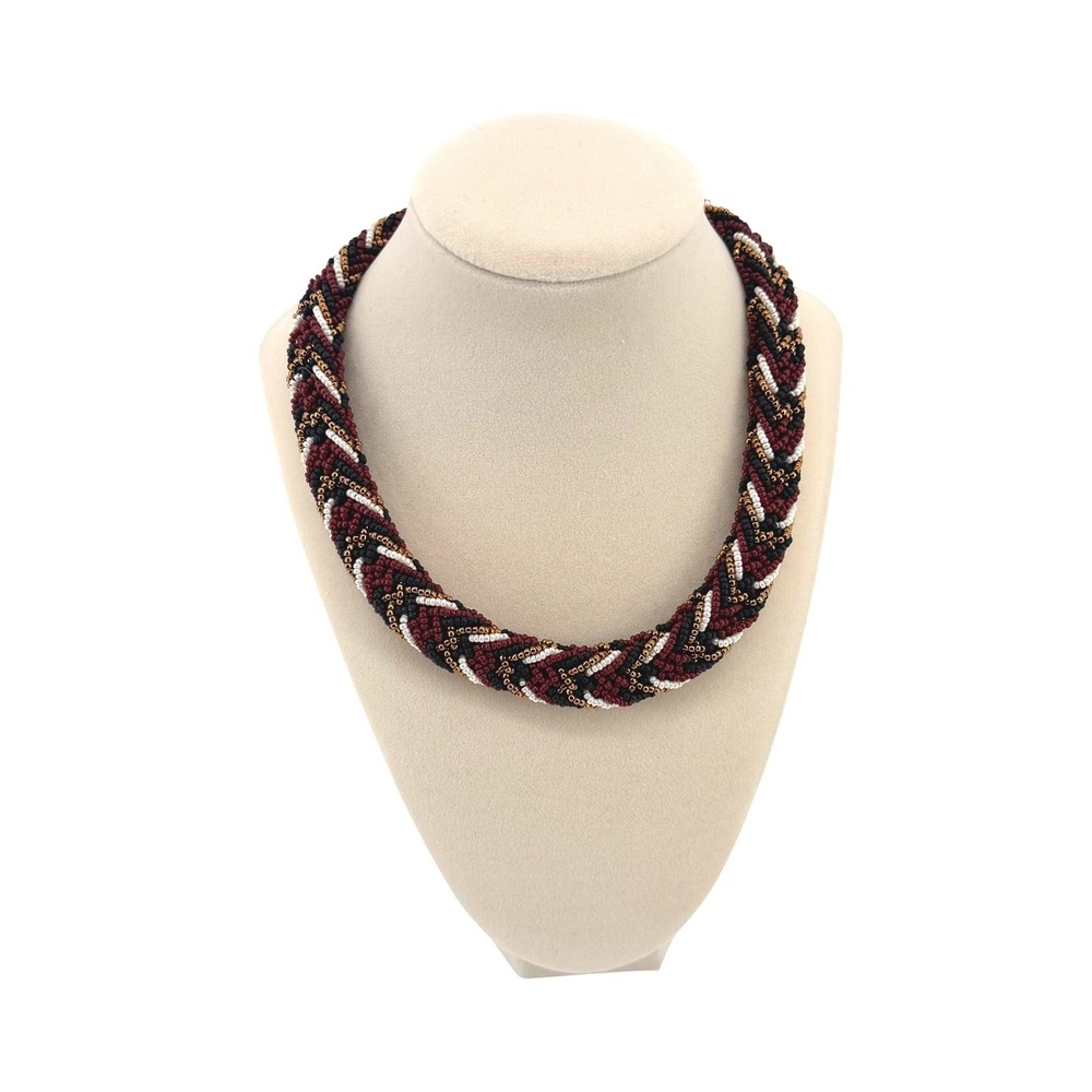 Handmade Braided Seed Bead Chevron Necklace Burgundy Black Gold Magnetic Clasp